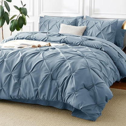 CozyLux Full Size Comforter Sets Mineral Blue, 7 Pieces Pintuck Bed in A Bag Blue Comforter Full Size, Pinch Pleat Bedding Sets with All Season Comforter, Flat Sheet, Fitted Sheet, Pillowcases & Shams