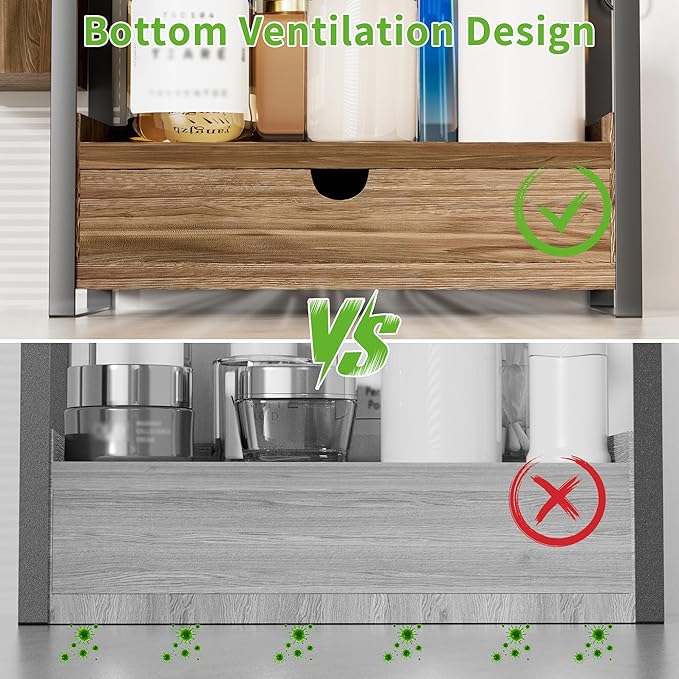 2-Tier Bathroom Counter Organizer with Drawer and Basket, Wood Countertop Organizer for Storage, Skincare Organizers for Vanity, Counter Shelf for Bathroom Organization(Dark Brown)