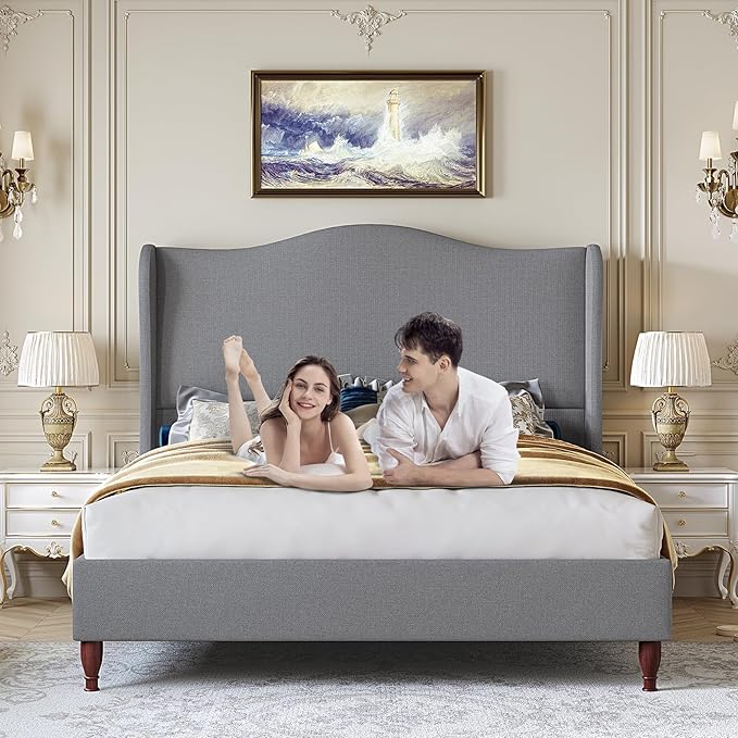 Queen Bed Frame Upholstered Platform Bed with 51" Tall Headboard Wingback, Soft Fabric, Retro Simple Style No Box Spring Needed, Easy Assembly, Grey