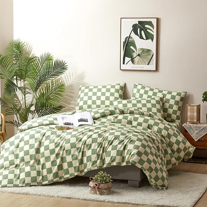 CLOTHKNOW Green White Plaid Full Size Comforter Sets Grid Bedding Comforter Sets Soft Checker Geometric Comforter with 2 x Pillow Cases