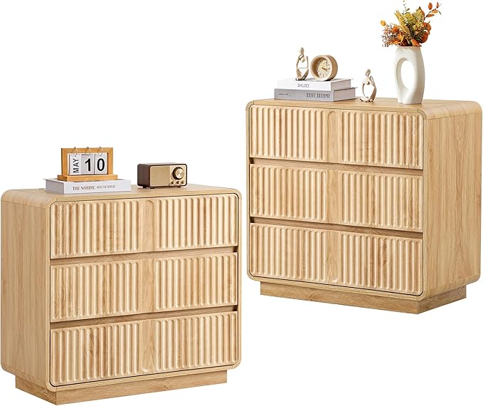 Fluted 3 Drawer Dressers for Bedroom, 31.5" Wide Large Mid Century Modern Nightstand 2 Sets W/3 Storage Drawers , Wood Dresser & Chest of Drawers with Curved Profile for Living Room (Natural)
