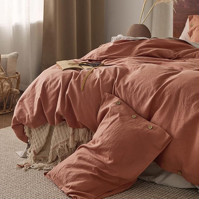 Bedsure Linen Duvet Cover Queen - Linen Cotton Blend Bedding Set, Soft & Cozy, 3 Pieces, 1 Duvet Cover 90x90 Inches and 2 Pillowcases, Burnt Orange Color Cooling Bedding, Comforter Sold Separately