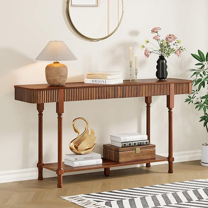 63'' Fluted Console Table with 2 Drawers, 2-Tier Long Entryway Tables with Open Storage, Wooden Narrow Sofa Table Behind Couch, Foyer Accent Table for Living Room, Hallway, Entrance (Walnut)