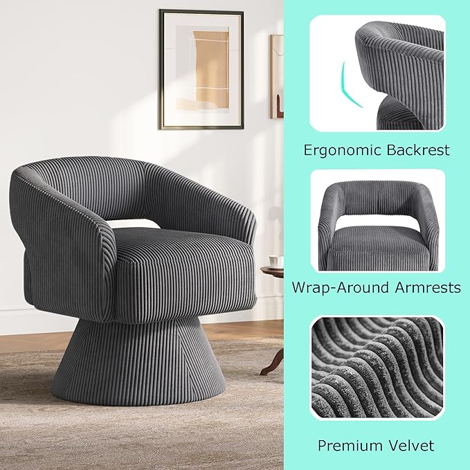 LINSY Swivel Barrel Chair, 360 Modern Swivel Accent Chair Boucle Swivel Chair Round Gray Corduroy Chairs with Arms, Small Barrel Chair for Small Spaces Bedroom Living Room