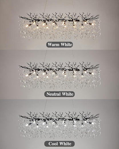 Modern Black Crystal Chandeliers for Living Room, Tree Branch Chandelier 14 Lights Rectangular 47.2" Hanging Pendant Light Fixture for Kitchen Island Dining Room Foyer Entryway