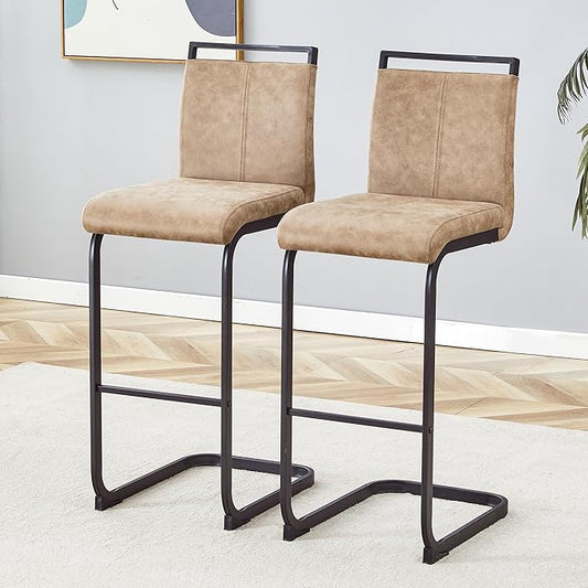 Bar Stools Set of 2,30" H Counter Height Bar Stools with Footrest,Brown Faux Leather Kitchen Stools with Black Painted Metal Leg,Counter Height Stools Ideal for Island Pub Kitchen Counter Dining Chair