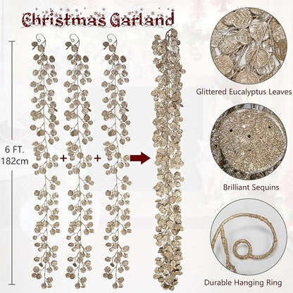 3 Pcs 6FT Christmas Garland Champagne Glittered Artificial Eucalyptus Leaves for Mantle Christmas Tree Decorations Indoor Outdoor Hanging Garland Ornaments Garden Door Window Stair Holiday Home Decor