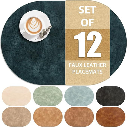 ADRIMER Placemats, Heat Resistant Oval Placemats Set of 12 Washable 12 x 17 Inch, Waterproof Table Mats, Wipeable Pu Place Mats for Kitchen, Dining Room, Dark Blue