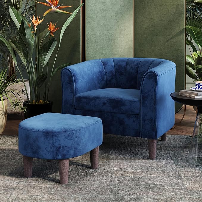 LINSY Accent Chair with Ottoman, Modern Armchair Comfy Barrel Reading Chair with Footrest for Living Room Bedroom Reading Room, Velvet, Blue
