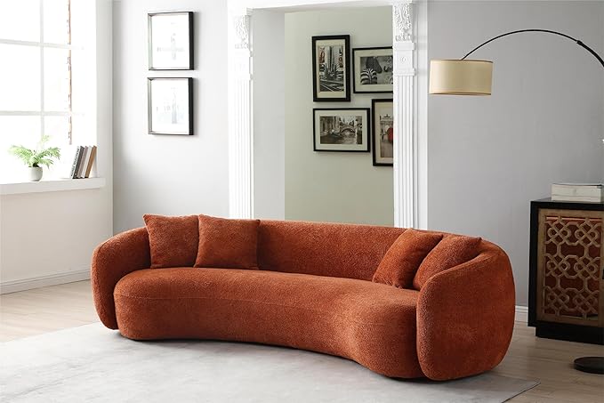 KEIKI 103" Boucle Half Moon Curved Sectional Sofa with 4 Throw Pillows, Modern Style 5-Seater Teddy Fleece Leisure Couch with Curved Backrest, Easy Assembly, for Living Room, Bedroom, Orange