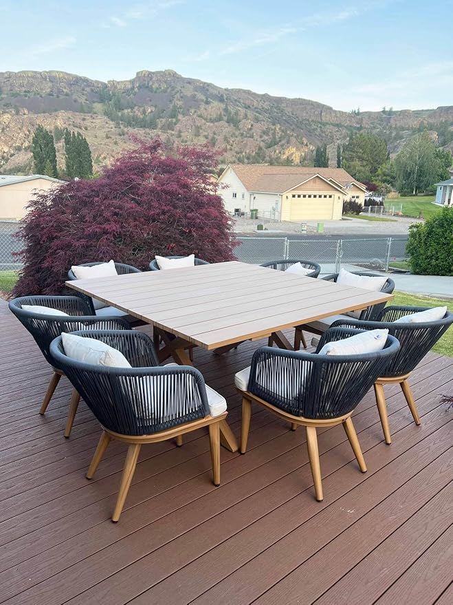 PURPLE LEAF 9 Pieces Outdoor Metal Furniture Set Patio Conversation Sets Wood Pattern Dining Set, 1 Dining Table and 8 Modern Chairs with Cushions Seat