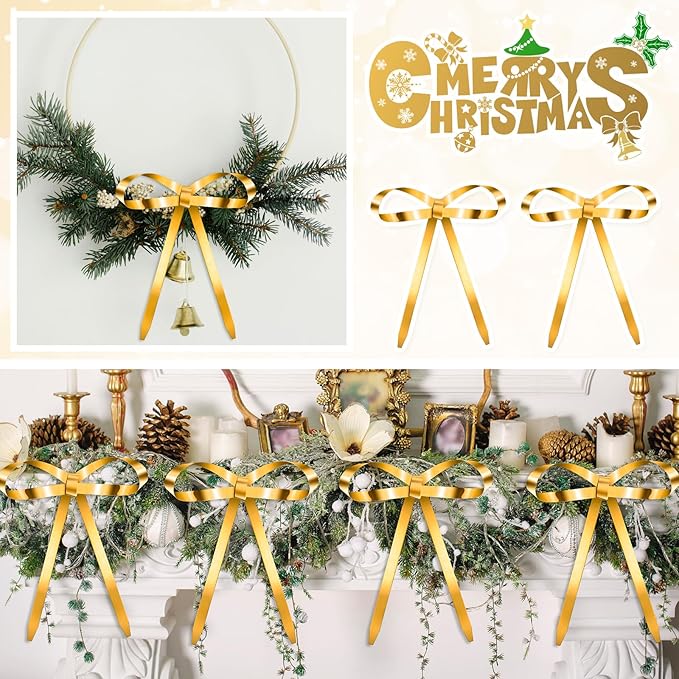 20 Pcs Christmas Metal Bow Ornaments with Clip, 5 x 6 Inch Christmas Bows Door Garland Decor Vintage Wreath Bow for Tree, Wreath, Gift Wrapping (20, Gold)