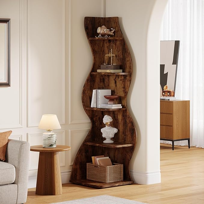 Tribesigns Wavy Corner Shelf, Modern 5-Tier Bookshelf Bookcase with Curvy Shape, Unique Plant Stand Display Rack for Living Room Small Space (Brown)