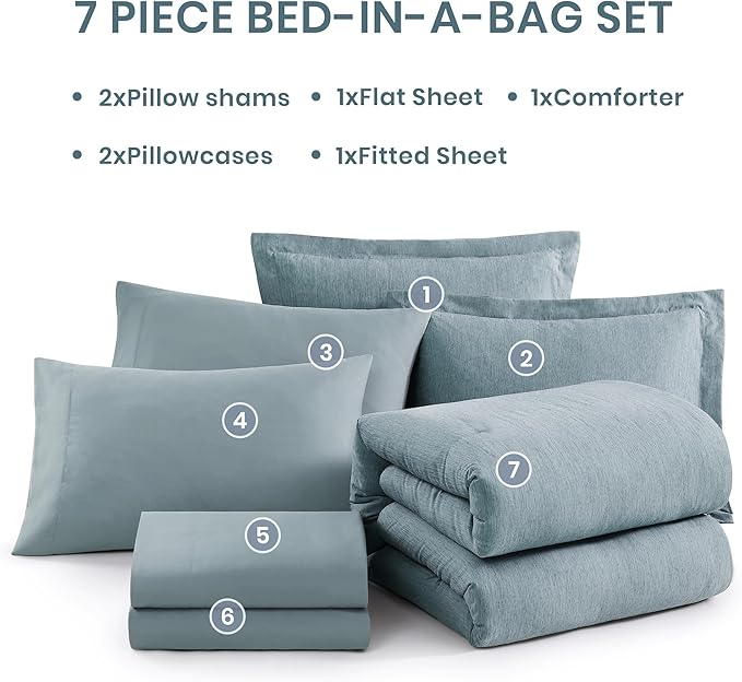 Monbix Full Size Comforter Set-7 Pieces Dusty Blue Cationic Dyeing Bed in a Bag Full Bedding Sets with Comforter, Sheets, Pillowcases & Shams, All Season Reversible Bedding Comforters
