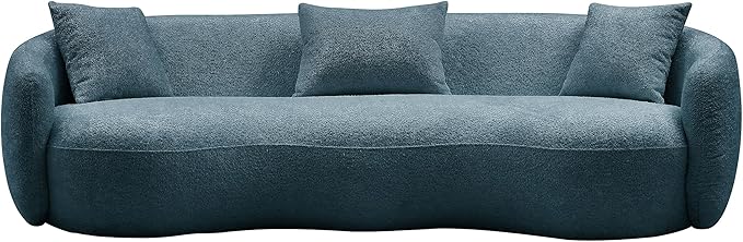 KEIKI 94" Boucle Half Moon Curved Sectional Sofa with 3 Throw Pillows, Modern Style 4-Seater Teddy Fleece Leisure Couch with Curved Backrest, Easy Assembly, for Living Room, Bedroom, Blue