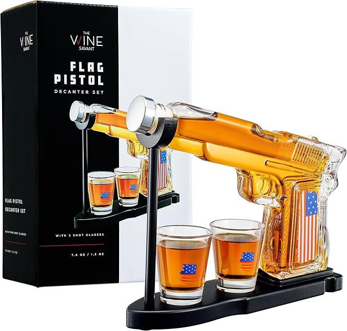 Gifts for Men Dad, Father Whiskey Decanter Set - 8 Oz with Two 2 Oz Glasses, American Flag Pistol Gun Anniversary Birthday, Home Bar Gifts, Drinking Military Present Dispenser, Him Husband Bar Gift