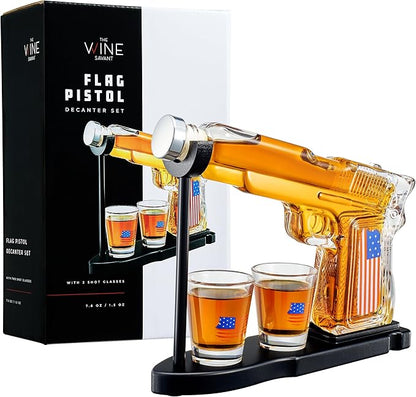 Gifts for Men Dad, Father Whiskey Decanter Set - 8 Oz with Two 2 Oz Glasses, American Flag Pistol Gun Anniversary Birthday, Home Bar Gifts, Drinking Military Present Dispenser, Him Husband Bar Gift