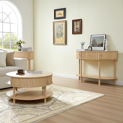 31.5” Round Coffee Table with Storage, Mid Century Modern 2 Tier Coffee Table with Tambour Sliding Door, Solid Wood Legs Fluted Center Table for Living Room Home Office Small Space, Natural