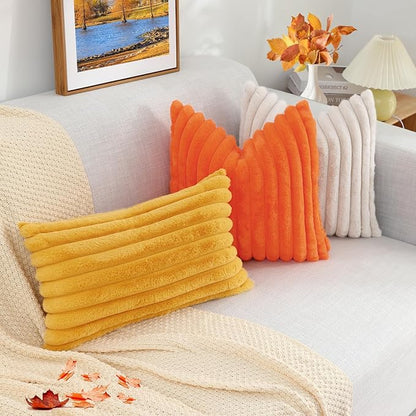 decorUhome Faux Fur Fall Throw Pillow Covers 22x22 Set of 2, Decorative Soft Plush Striped Neutral Euro Pillow Covers with Velvet Back for Bed, Living Room Home Decor, Orange
