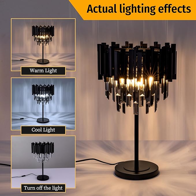 Wellmet Grey Crystal Table Lamp,3 Lights Table Lamps for Bedroom,Black Bedside Nightstand Lamps for Living Room,Small Decorative Desk Lamp for Reading Room