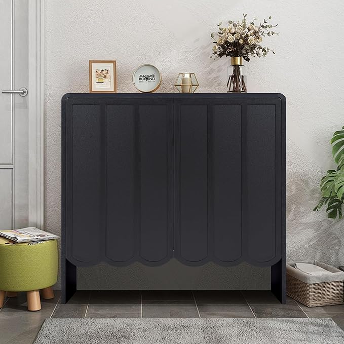 ORRD Sideboard Buffet Cabinet Set of 2, Accent Storage Cabinet with 2 Doors, Farmhouse Wood Cabinet with Adjustable Shelves and Wave Panel for Living Room, Dining Room, Entry - Black