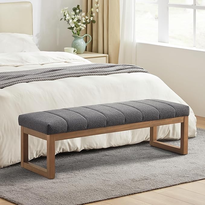 52.7" Bedroom Bench for End of Bed, Modern Upholstered Teddy Fabric Entryway Bench & Dining Bench, Footrest Stool Bench with Solid Wood Frame for Bedroom, Living Room (Grey)