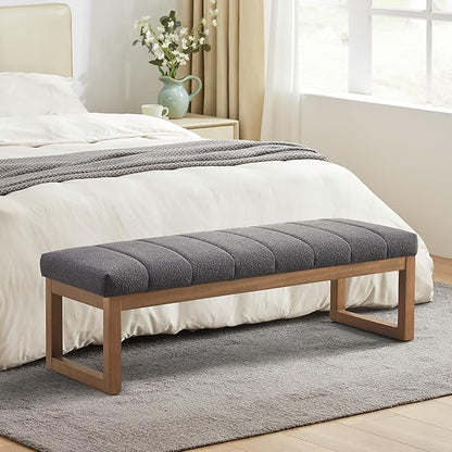 52.7" Bedroom Bench for End of Bed, Modern Upholstered Teddy Fabric Entryway Bench & Dining Bench, Footrest Stool Bench with Solid Wood Frame for Bedroom, Living Room (Grey)