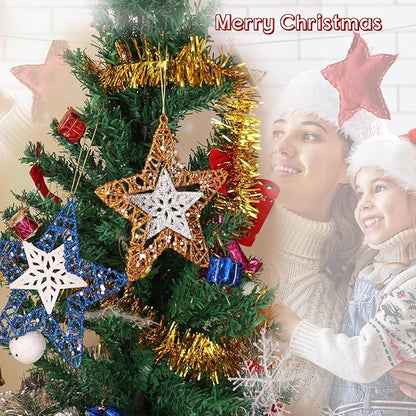 Set of 4 Hanging Star Christmas Ornaments, Glitter Star for Holiday Decorations, Winter Christmas Window Hanging Decor, 6" Diameter (Gold and Blue)