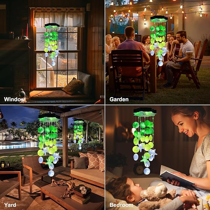 Solar Shell Gift for Mom Grandma Girls, White & Green Solar Christmas Wind Chimes for Outside, Outdoor Decorative Mobile Lights for Garden, Yard, Patio, Window, Party, Christmas Decorations