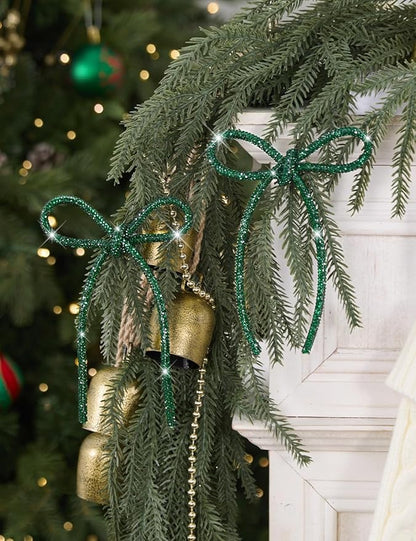 FLAIR GIFTS 6 Pcs 4.3" x 6" 2025 Christmas Bows for Tree Decor, Green Sparkly Glitter Rhinestone Bow Ornaments with Twist Tie for Xmas Decoration, Wreath, Garland, Gift Wrapping