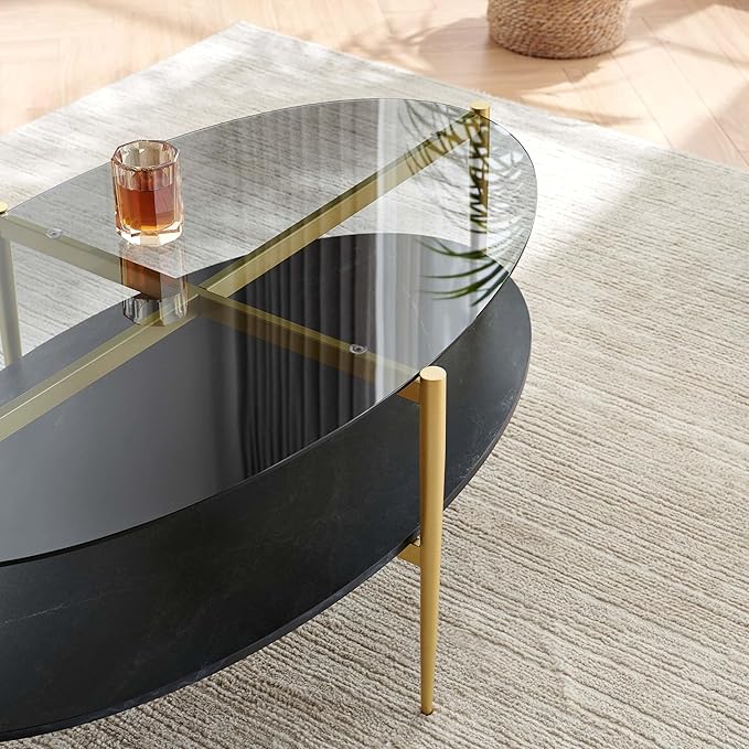 Oval Glass Coffee Table, Mid-Century Modern Design, L43 x W22 x H17 inch, Surfboard Shaped Grey Glass Top and Black Marble Finish Wood Shelf, Tapered Legs with Gold Finish Frame