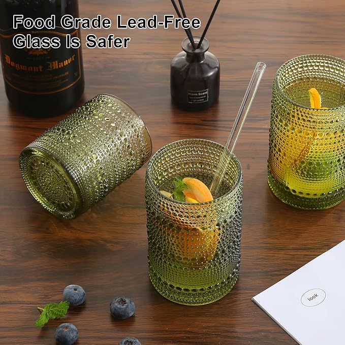 Vintage Hobnail Drinking Glasses Set of 8 Green 12 oz & 15oz Highball Glass Cups Kitchen Drinkware Glassware Embossed