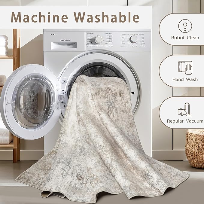 Washable Rugs 8x10 Area Rugs for Living Room,Modern Abstract Rugs for Bedroom,Large Carpets,Ultra Soft Faux Wool Retro Dining Room Rug,Non Slip&Non-Shedding Low Pile Print Rug- Beige Grey