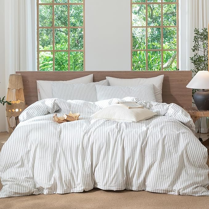 MooMee Striped Duvet Cover Set 100% Washed Cotton Linen Like Textured Breathable Durable Soft Comfy (White Heathered Green Wide Stripes, Super King Plus 120"x120")
