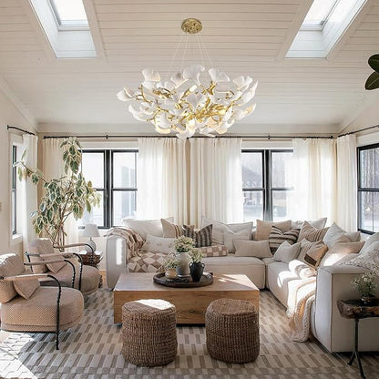 10-Light Gold Tree Branches Chandeliers, 32''Modern Round Ceramic Ginkgo Leaf Chandelier, Dining Room Chandelier Over Table, for Living, Foyer, Kitchen, Bedroom