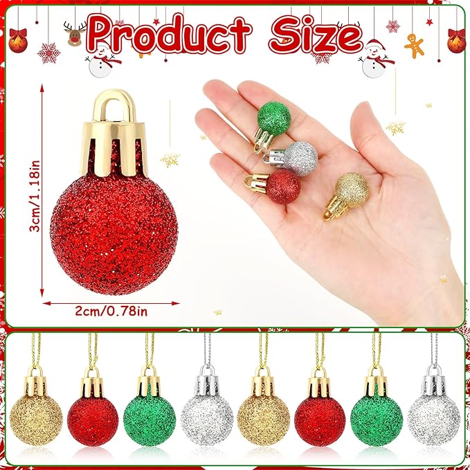 Jansun 60PCS Christmas Mini Balls Ornaments Miniature Xmas Tree Hanging Decorations Small Vintage Glitter Balls for Holiday Party Outdoor Indoor DIY Craft Decor Supplies (Glitter Surface) ﻿