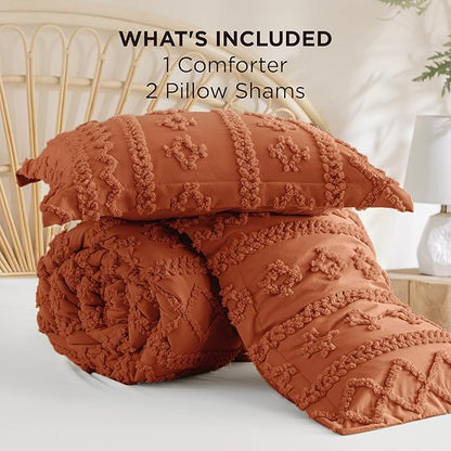 Bedsure Tufted Boho Comforter Set California King - Terracotta Boho Bed Set, GentleSoft™ 3 Pieces Farmhouse Shabby Chic Embroidery Bedding, Gifts for Woman, Soft Jacquard Comforter for All Seasons
