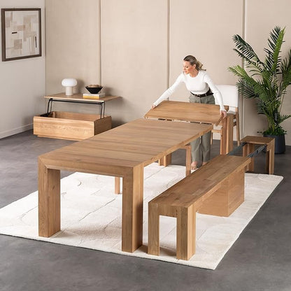 Transformer Expandable Dining Table Set – Solid Wood Table for 2 to 12 with Bench and Coffee Table Panel Storage – Space-Saving Adjustable Dining Furniture (Natural, Table + Bench + Coffee Table)