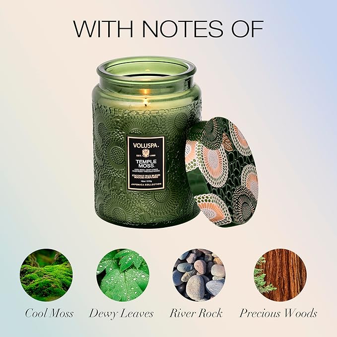 Voluspa Temple Moss, Large Candle Jar, 18oz, Coconut Wax Blend, Scented Candles for Home, 100 Hour Burn Time, Handcrafted in the USA