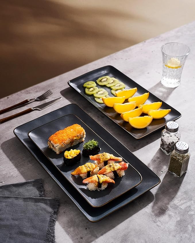 famiware Serving Platter, Rectangular 15.67/14.1/12.6inch Serving Dishes for Entertaining, Dishwasher Safe, Stoneware for Party, Food, Turkey, Snack, Cheese, Reactive Glaze, Matte Black