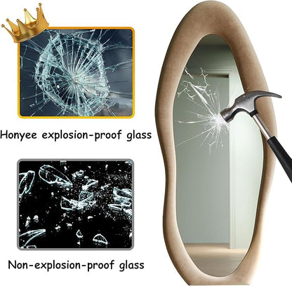 Honyee Full Length Mirror, 63" x 24" Wall Mirror, Flannel Wrapped Wooden Frame Floor Mirror, Irregular Wavy Mirror Hanging or Leaning Against Wall for Cloakroom/Bedroom/Living Room, Milk Tea
