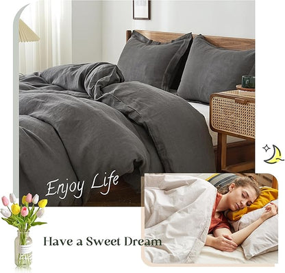 Simple&Opulence 100% Linen Duvet Cover Set, 3 PCS Natural French Flax Dark Grey Duvet Cover Full Size, Breathable Soft Comfy Linen Bedding Comforter Cover with 2 Pillowcases(Dark Grey, 78"x86")