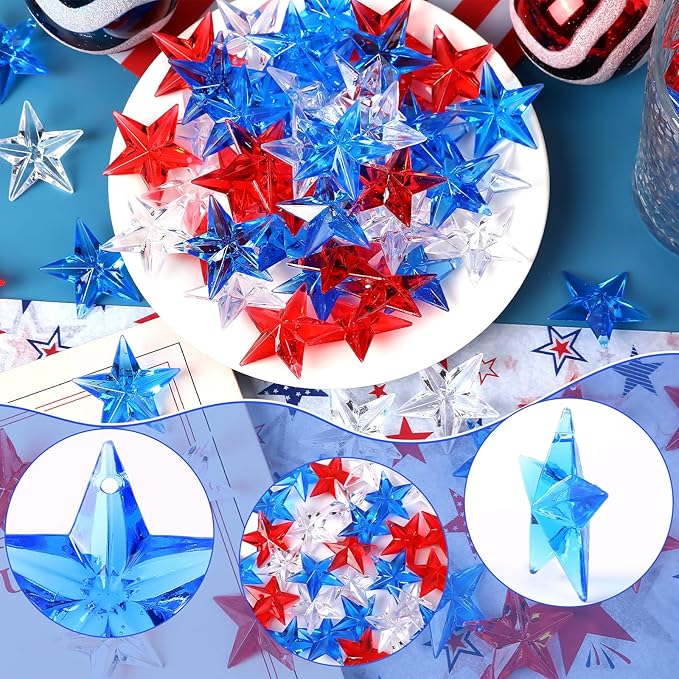120Pcs Patriotic Acrylic Star Ornaments Vase Filler Translucent Crystals Gems Independence Day Memorial Day Veterans Day Table Scatters for Holiday Decoration Party Favors Craft Supplies