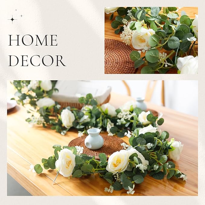 Der Rose 2Pcs Artificial Eucalyptus Flower Garland with Fake Rose Flower Vine Seeded Eucalyptus Leaves Greenery Garland for Wedding Table Backdrop Party Centerpiece Room Decor (Champagne-Total 13FT)