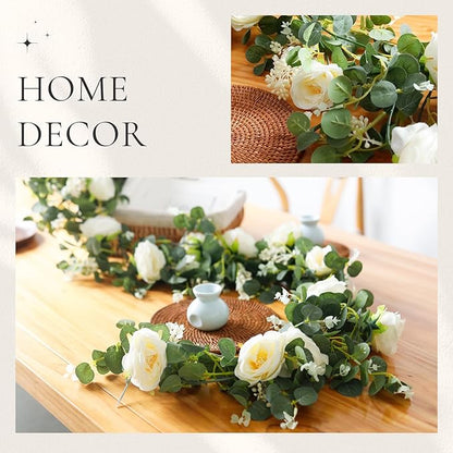 Der Rose 2Pcs Artificial Eucalyptus Flower Garland with Fake Rose Flower Vine Seeded Eucalyptus Leaves Greenery Garland for Wedding Table Backdrop Party Centerpiece Room Decor (Champagne-Total 13FT)