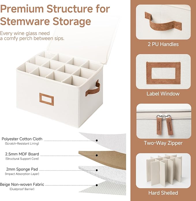 StorageWorks Stemware Storage Cases, Hard Shell Wine Glass Storage Box with Dividers for Glassware, Crystal, and China Holds 12 Standard Size Wine Glasses, 1 Pack, Beige