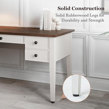 EUREKA ERGONOMIC Farmhouse Writing Desk, 55" Executive Office Desk with 3 Drawers,Keyboard Tray,Mid-Century Modern Computer Desk w Solid Wood Legs,Birch Finish,Antique White