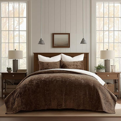 EVERGRACE Velvet Quilt Set King Size, Luxurious Soft Quilted Bedding Sets, Lightweight Velvet Comforter for All Season, Striped Channel Bedspread Coverlet with 2 Shams, Red Rust Brown