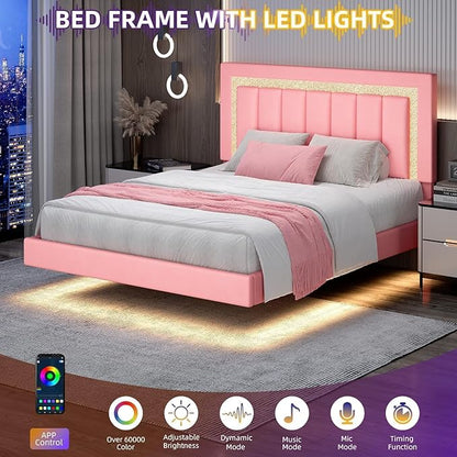 HOMBCK Floating Bed Frame Queen with Smart LED Lights, Faux Leather Upholstered Bed with Diamond PU Headboard, No Box Spring Needed, Noise-Free, Easy Assembly, Pink