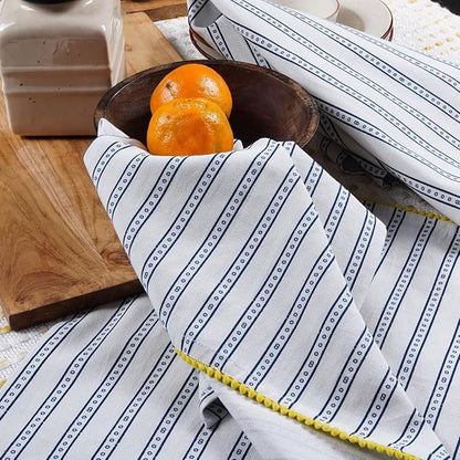 TARAN LIVING Printed Kitchen Dish Bar and Tea Towels Cotton, 18x28 inch with Trims, Cotton Dish Towel Sets (Blue Stripes, Set of 6)